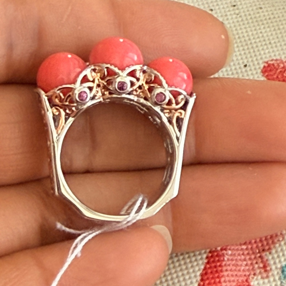 Bamboo Coral accented by Rhodolite sterling silver 925 Ring